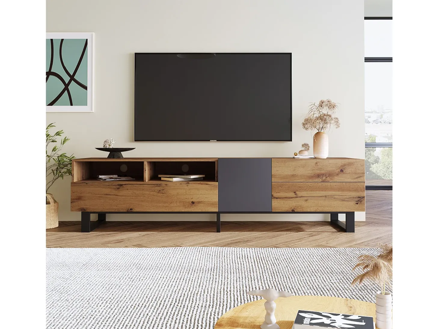 Móvel de TV com 2 portas, 2 gavetas e 2 nichos, carvalho e cinza, pés de metal preto