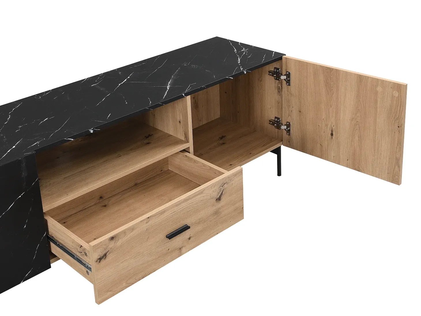 Móvel de TV com 2 portas, 1 gaveta e 1 nicho cor natural e efeito mármore preto - LIOMENA