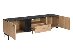 Móvel de TV com 2 portas, 1 gaveta e 1 nicho cor natural e efeito mármore preto - LIOMENA