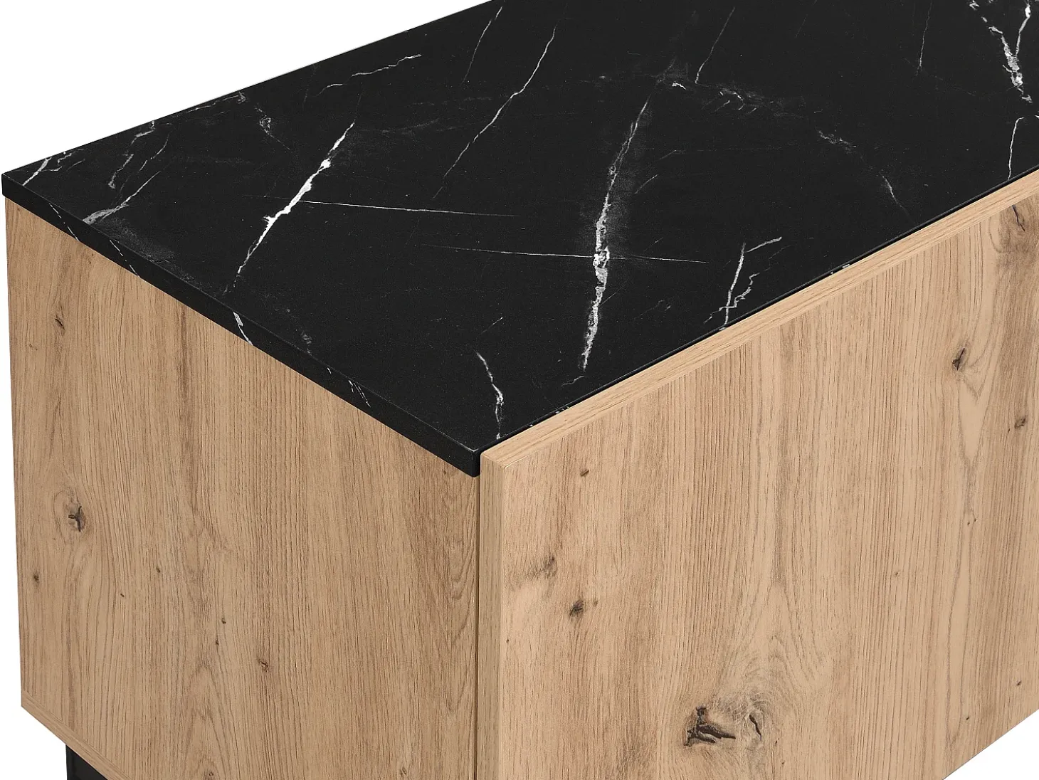 Móvel de TV com 2 portas, 1 gaveta e 1 nicho cor natural e efeito mármore preto - LIOMENA