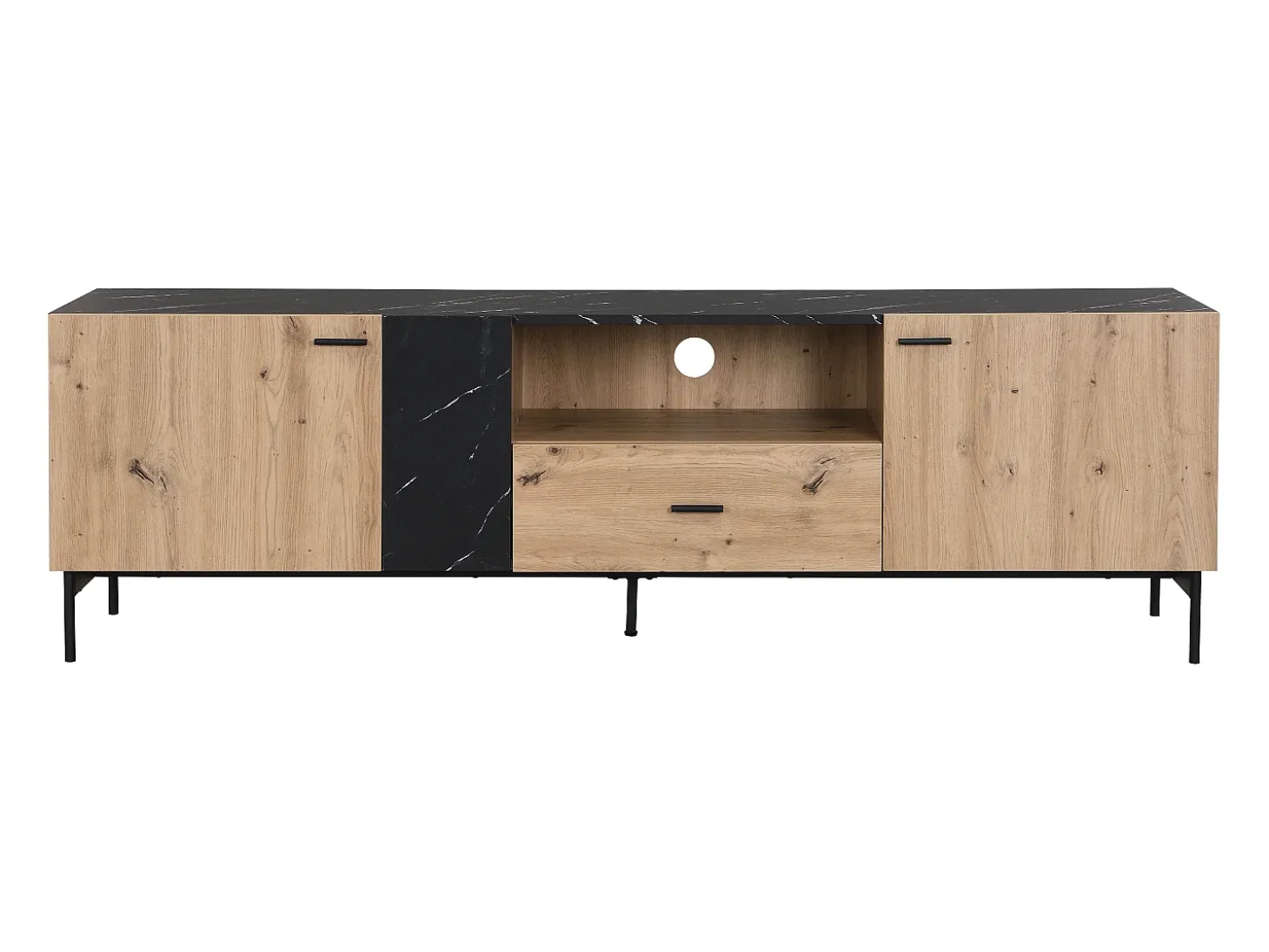 Móvel de TV com 2 portas, 1 gaveta e 1 nicho cor natural e efeito mármore preto - LIOMENA