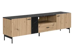 Móvel de TV com 2 portas, 1 gaveta e 1 nicho cor natural e efeito mármore preto - LIOMENA