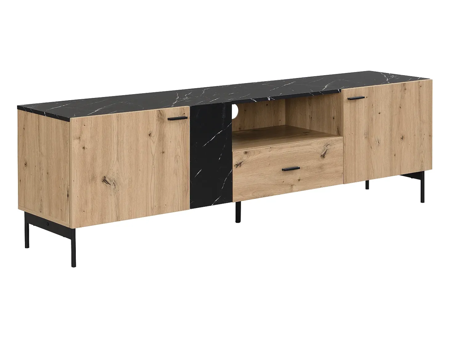 Móvel de TV com 2 portas, 1 gaveta e 1 nicho cor natural e efeito mármore preto - LIOMENA