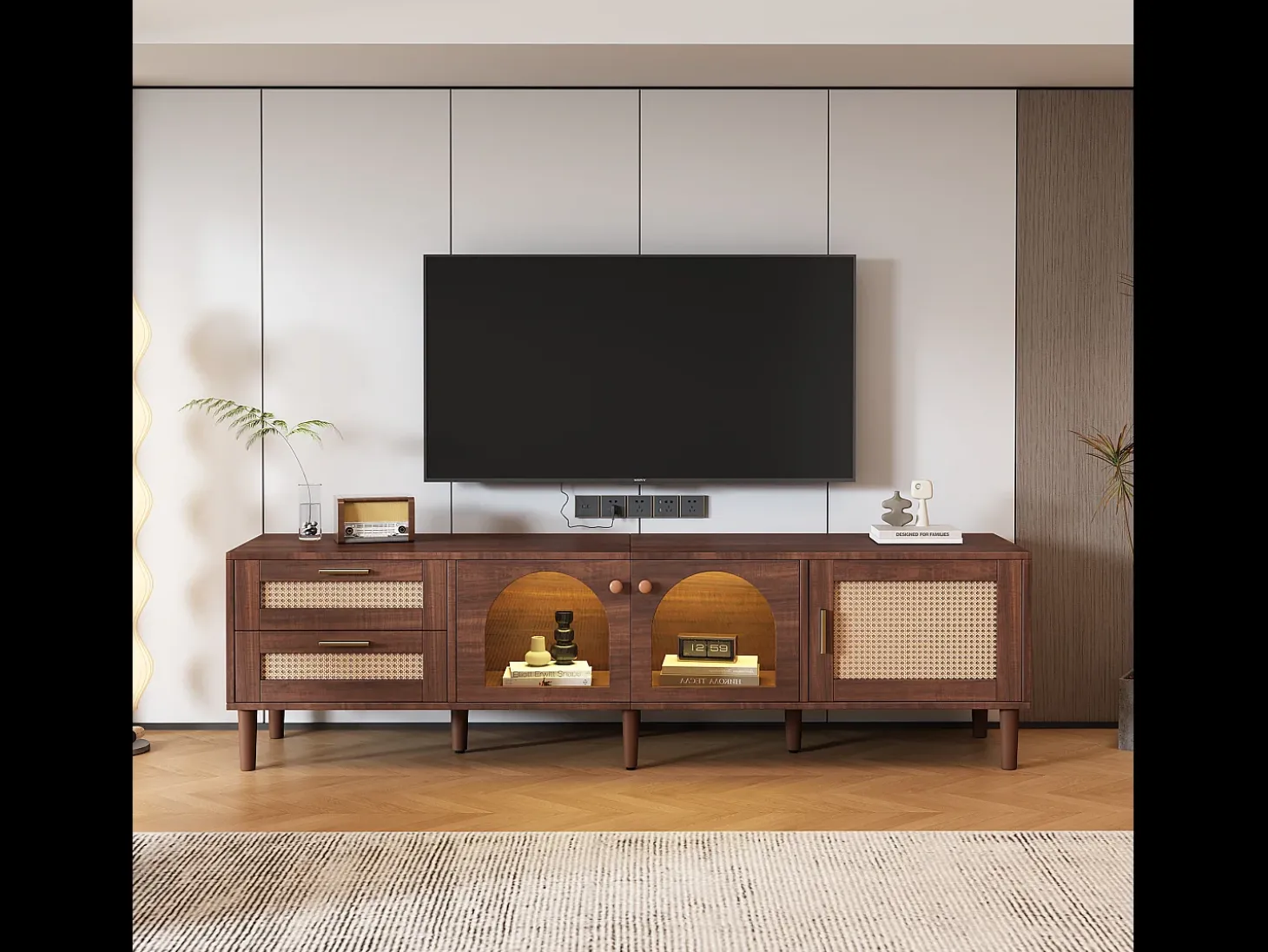 Móvel de TV com 3 portas, 2 gavetas de vime e LEDs, em folheado de madeira marrom