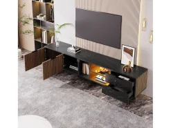 Móvel de TV com 2 portas, 2 gavetas e 2 nichos, LED incluído, em folheado de mármore preto e madeira escura - 200x38x50cm