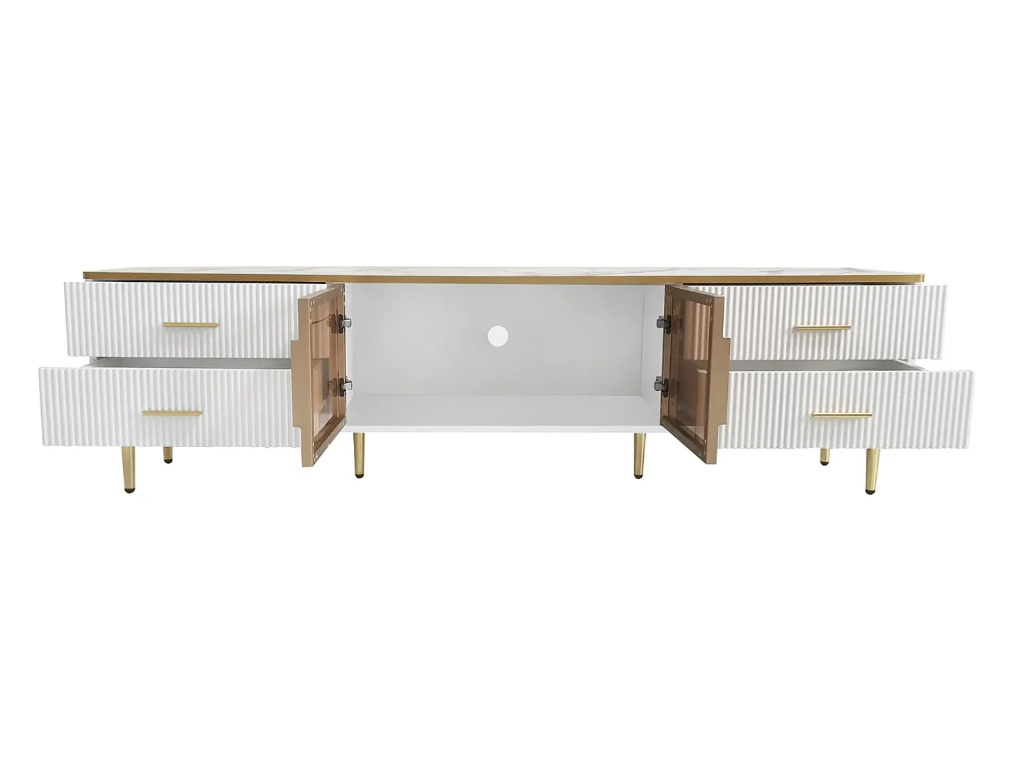 Móvel de TV com 2 portas de vidro temperado marrom e 4 gavetas, tampo em folheado de mármore branco, corpo branco e dourado