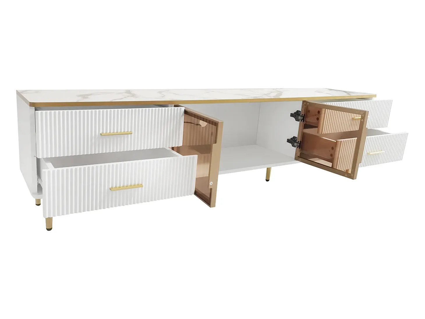 Móvel de TV com 2 portas de vidro temperado marrom e 4 gavetas, tampo em folheado de mármore branco, corpo branco e dourado