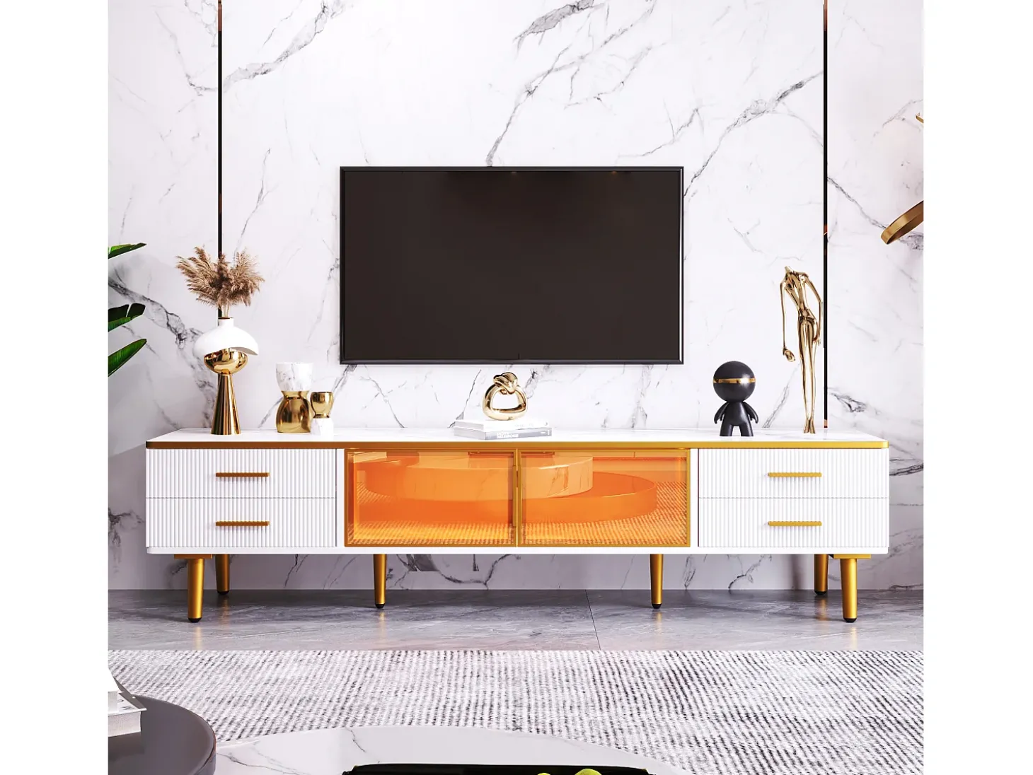 Móvel de TV com 2 portas de vidro temperado marrom e 4 gavetas, tampo em folheado de mármore branco, corpo branco e dourado