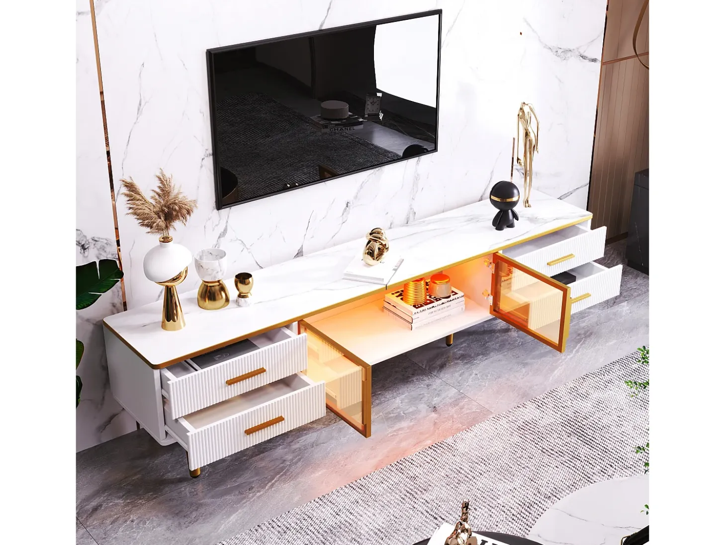 Móvel de TV com 2 portas de vidro temperado marrom e 4 gavetas, tampo em folheado de mármore branco, corpo branco e dourado