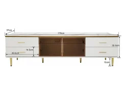 Móvel de TV com 2 portas de vidro temperado marrom e 4 gavetas, tampo em folheado de mármore branco, corpo branco e dourado