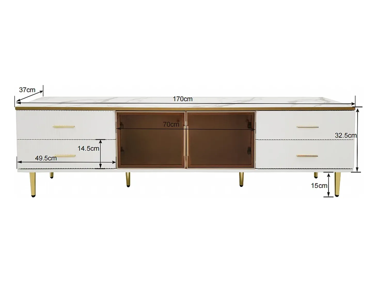 Móvel de TV com 2 portas de vidro temperado marrom e 4 gavetas, tampo em folheado de mármore branco, corpo branco e dourado