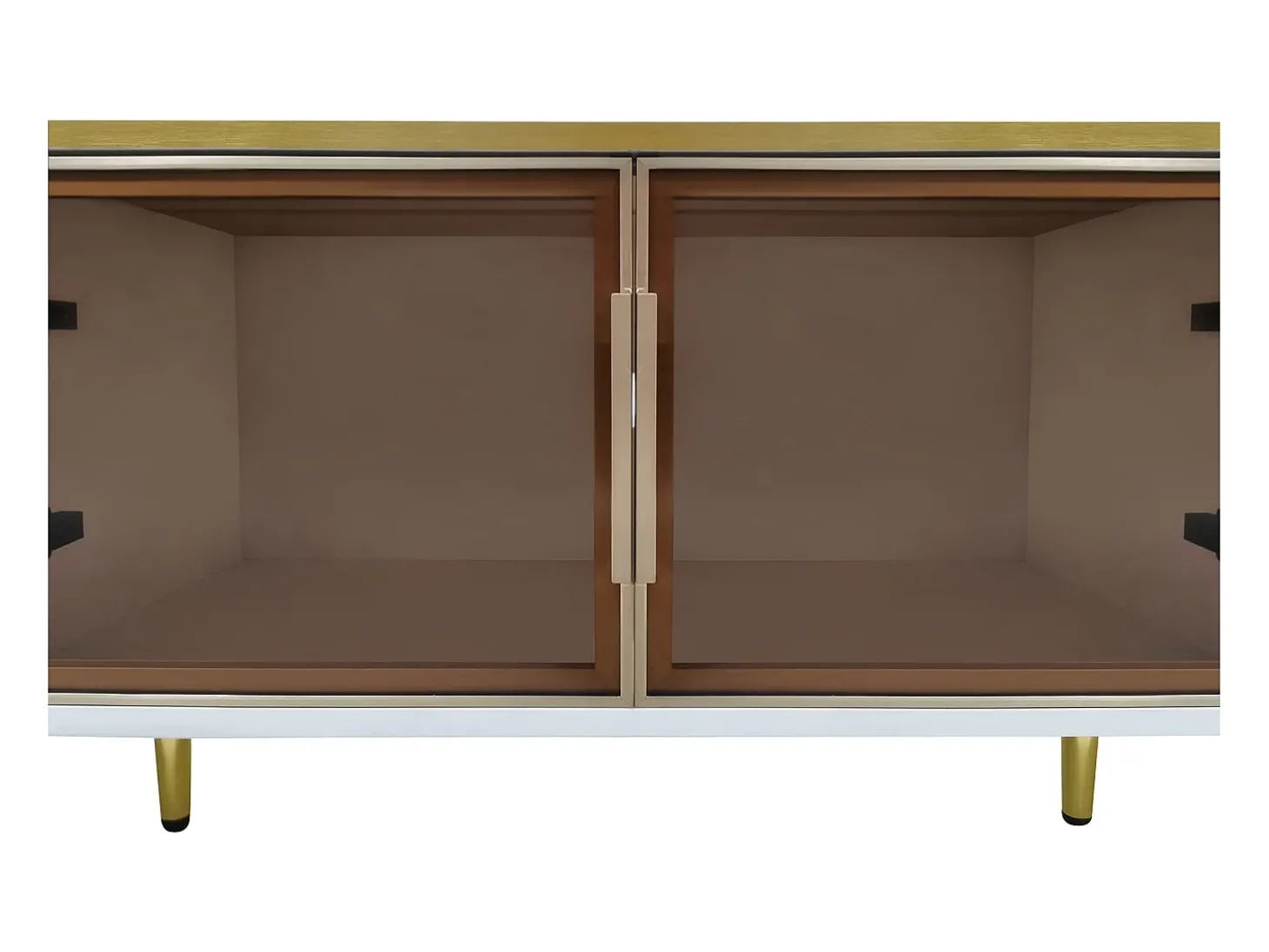 Móvel de TV com 2 portas de vidro temperado marrom e 4 gavetas, tampo em folheado de mármore branco, corpo branco e dourado