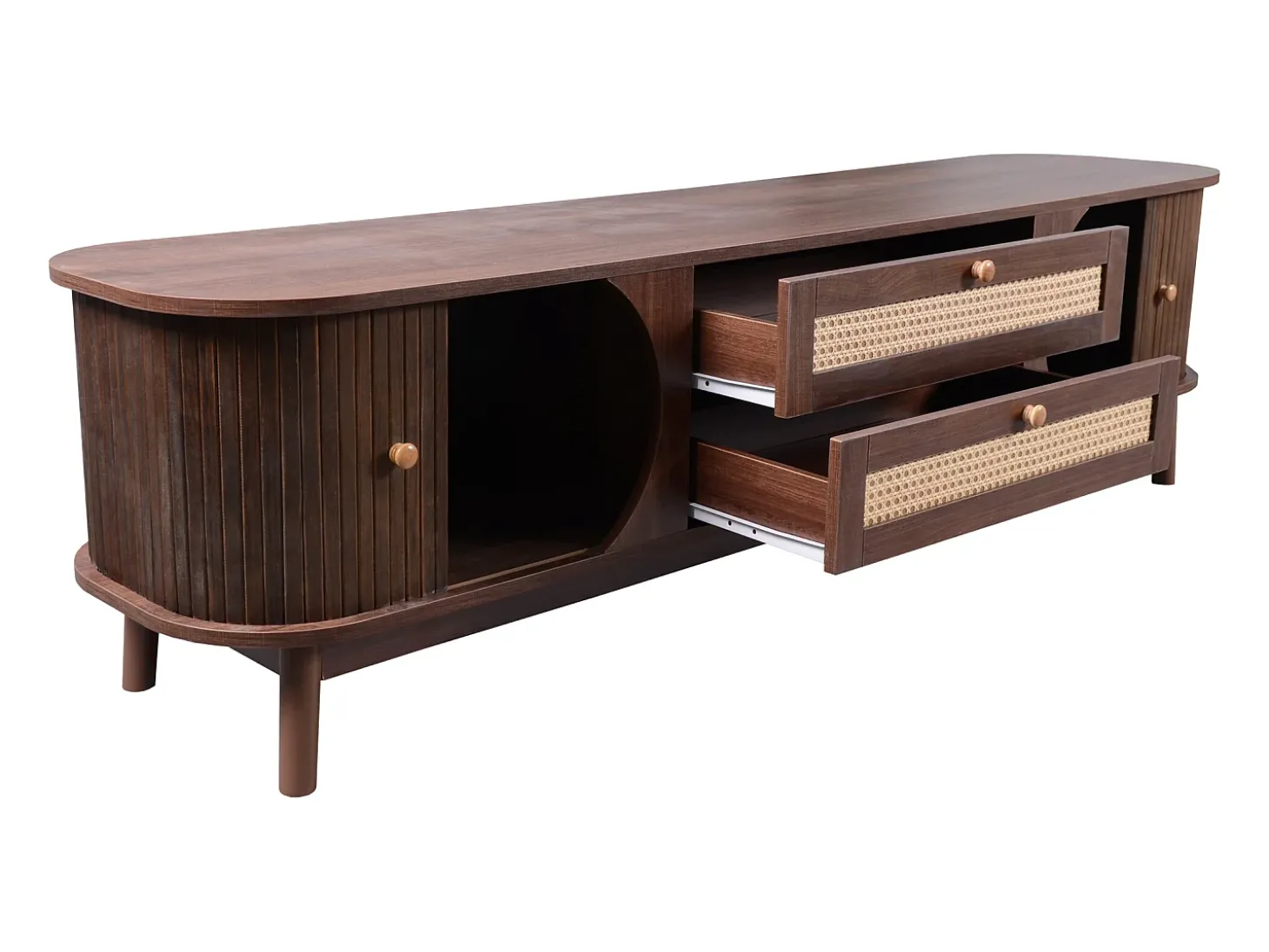 Móvel de TV com 2 portas de correr e 2 gavetas em rattan, folheado a madeira castanha