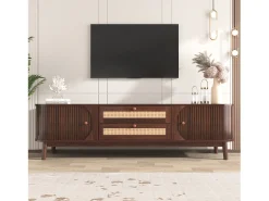 Móvel de TV com 2 portas de correr e 2 gavetas em rattan, folheado a madeira castanha