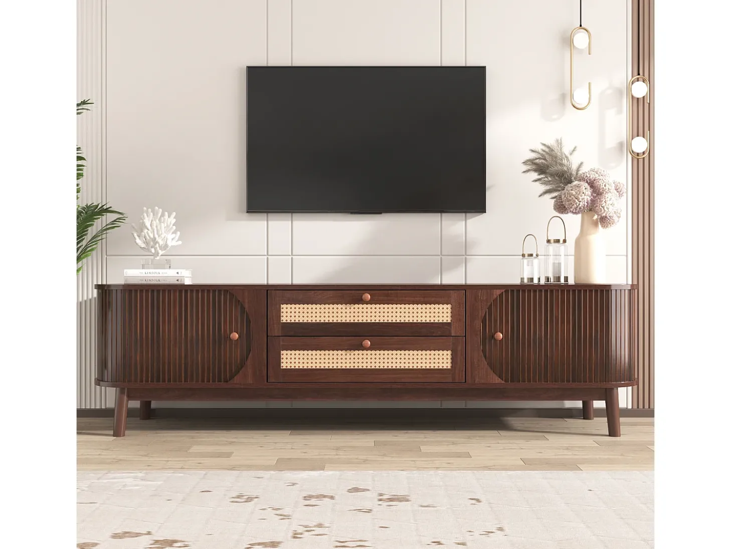 Móvel de TV com 2 portas de correr e 2 gavetas em rattan, folheado a madeira castanha