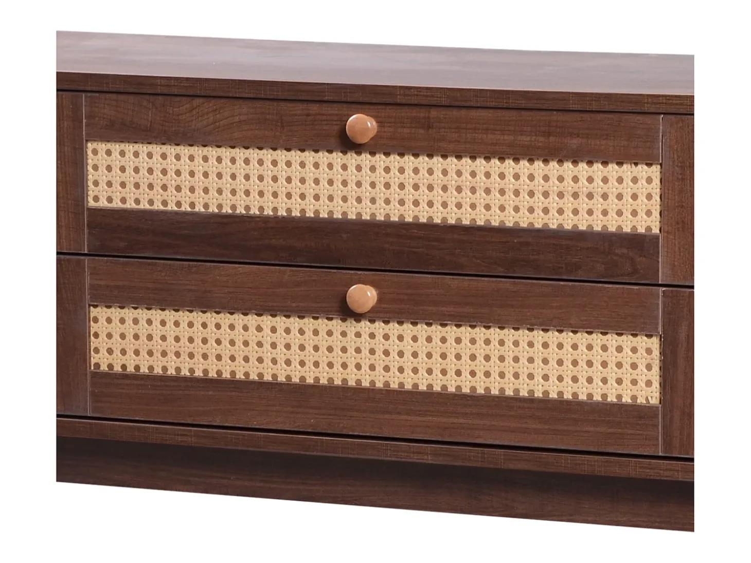 Móvel de TV com 2 portas de correr e 2 gavetas em rattan, folheado a madeira castanha