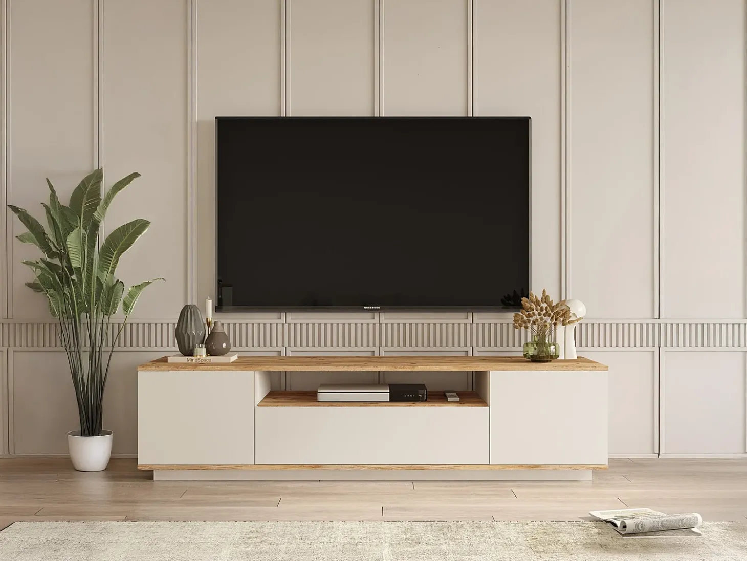 Móvel de TV com 3 portas e 1 nicho bege e natural - LOTULA
