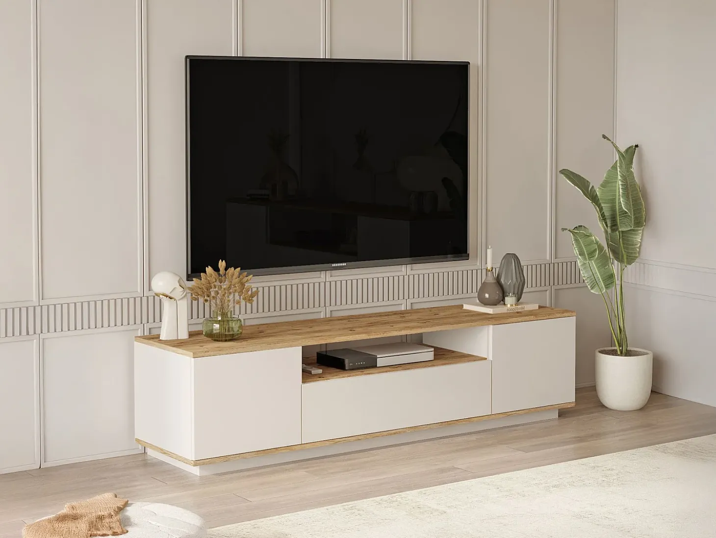 Móvel de TV com 3 portas e 1 nicho bege e natural - LOTULA