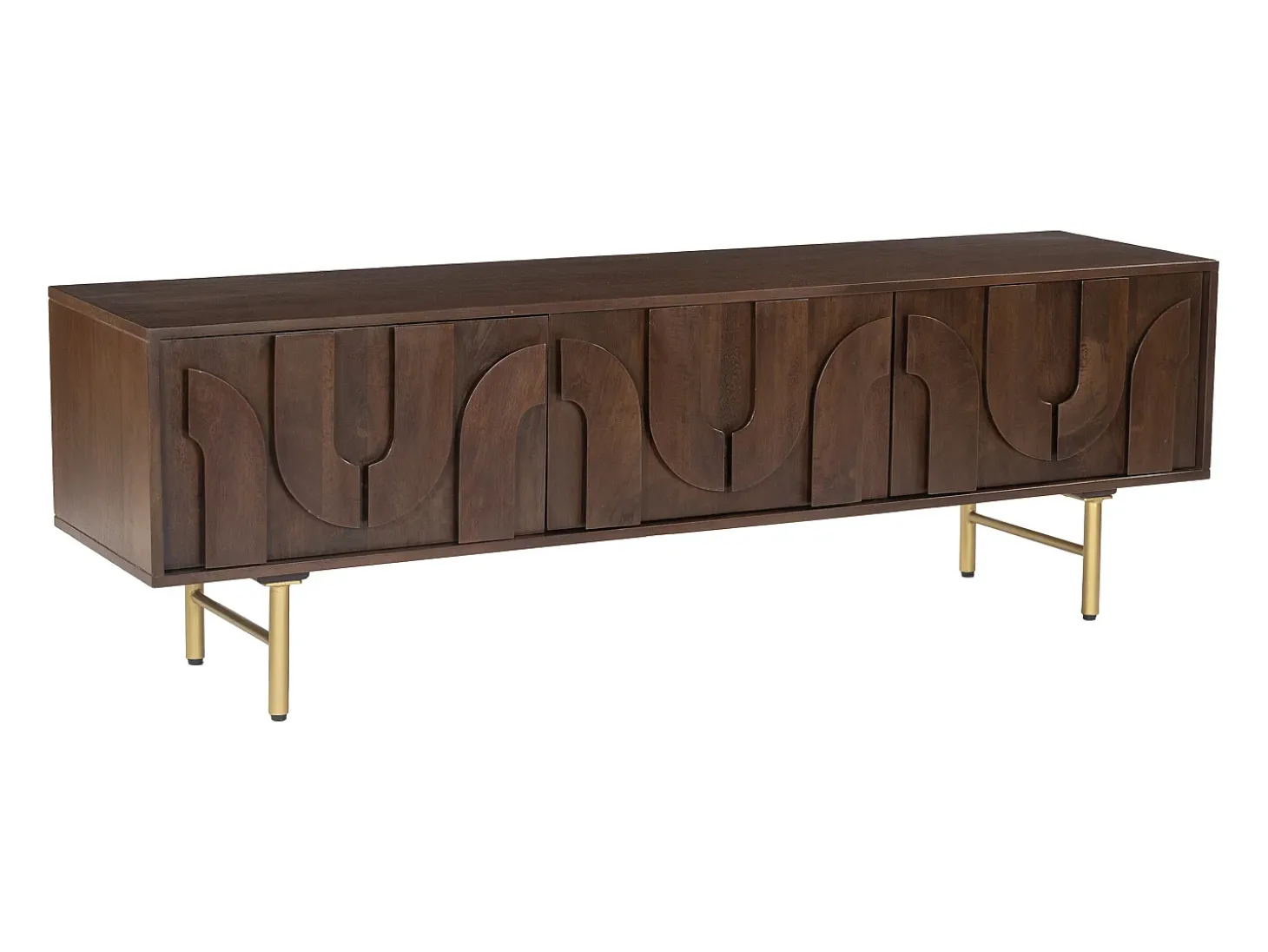 Móvel de TV com 3 portas em madeira de mangueira e metal dourado, natural escuro - MIZORAM