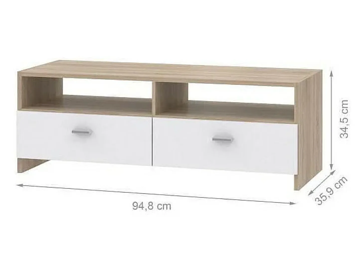 Móvel de TV contemporâneo branco fosco e carvalho, armazenamento inteligente, 95 cm