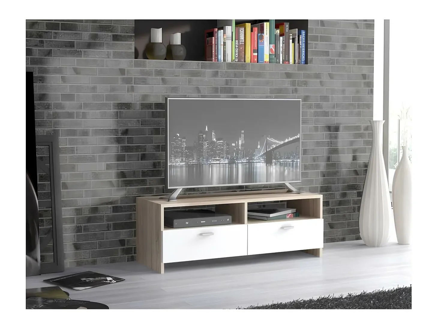 Móvel de TV contemporâneo branco fosco e carvalho, armazenamento inteligente, 95 cm