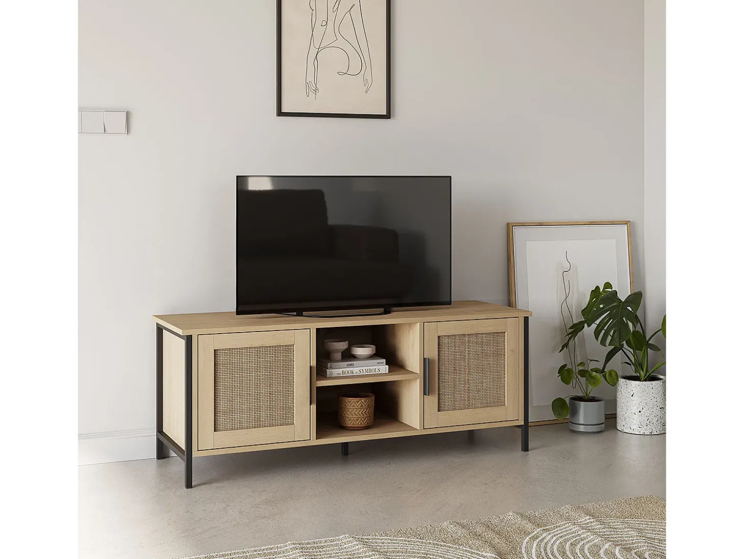 Móvel de TV Cruz 2 Portas Cor Carvalho com vime Natural, 120 cm