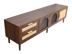 Móvel de TV de 180 cm com iluminação LED - 2 gavetas em rattan e 3 portas - Castanho