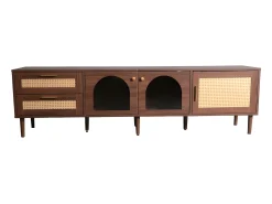 Móvel de TV de 180 cm com iluminação LED - 2 gavetas em rattan e 3 portas - Castanho