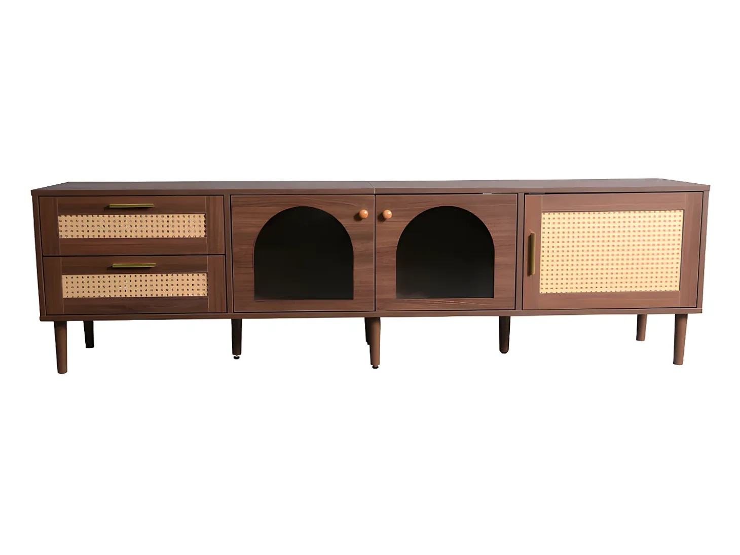 Móvel de TV de 180 cm com iluminação LED - 2 gavetas em rattan e 3 portas - Castanho