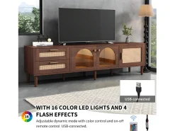 Móvel de TV de 180 cm com iluminação LED - 2 gavetas em rattan e 3 portas - Castanho