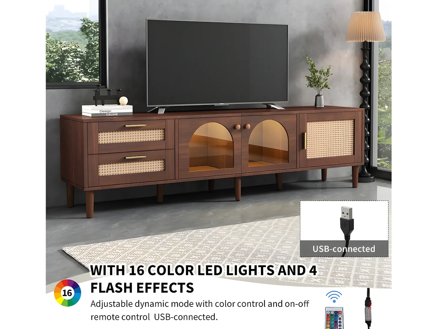 Móvel de TV de 180 cm com iluminação LED - 2 gavetas em rattan e 3 portas - Castanho
