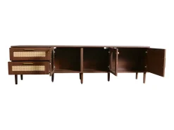 Móvel de TV de 180 cm com iluminação LED - 2 gavetas em rattan e 3 portas - Castanho