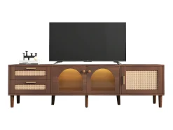 Móvel de TV de 180 cm com iluminação LED - 2 gavetas em rattan e 3 portas - Castanho