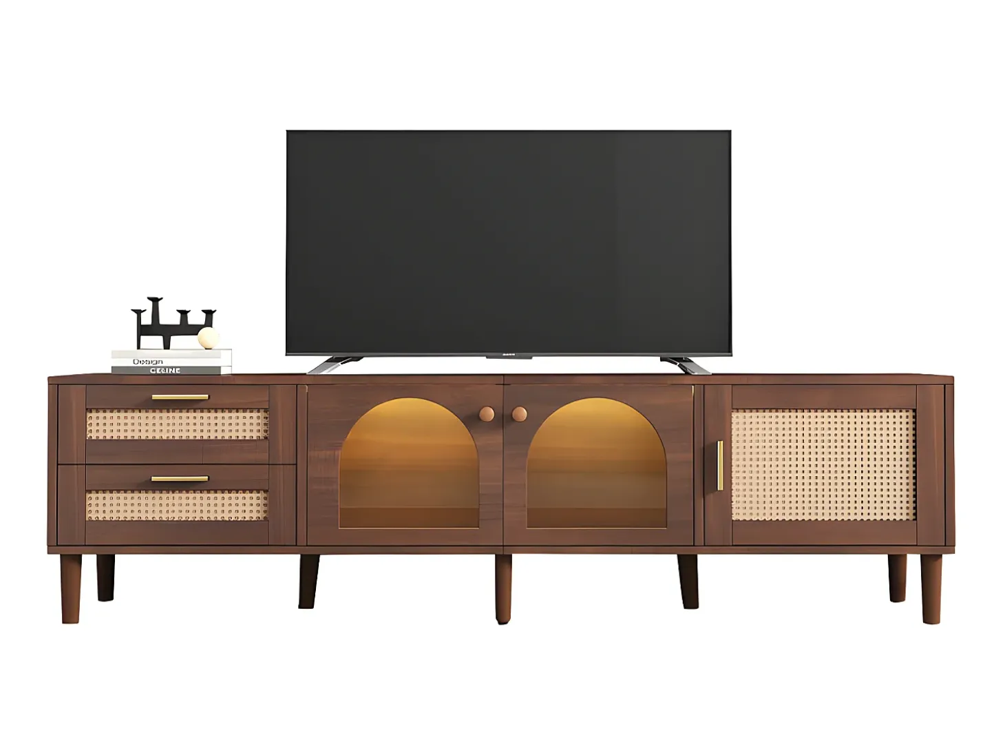 Móvel de TV de 180 cm com iluminação LED - 2 gavetas em rattan e 3 portas - Castanho