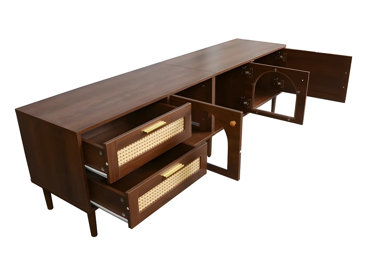 Móvel de TV de 180 cm com iluminação LED - 2 gavetas em rattan e 3 portas - Castanho