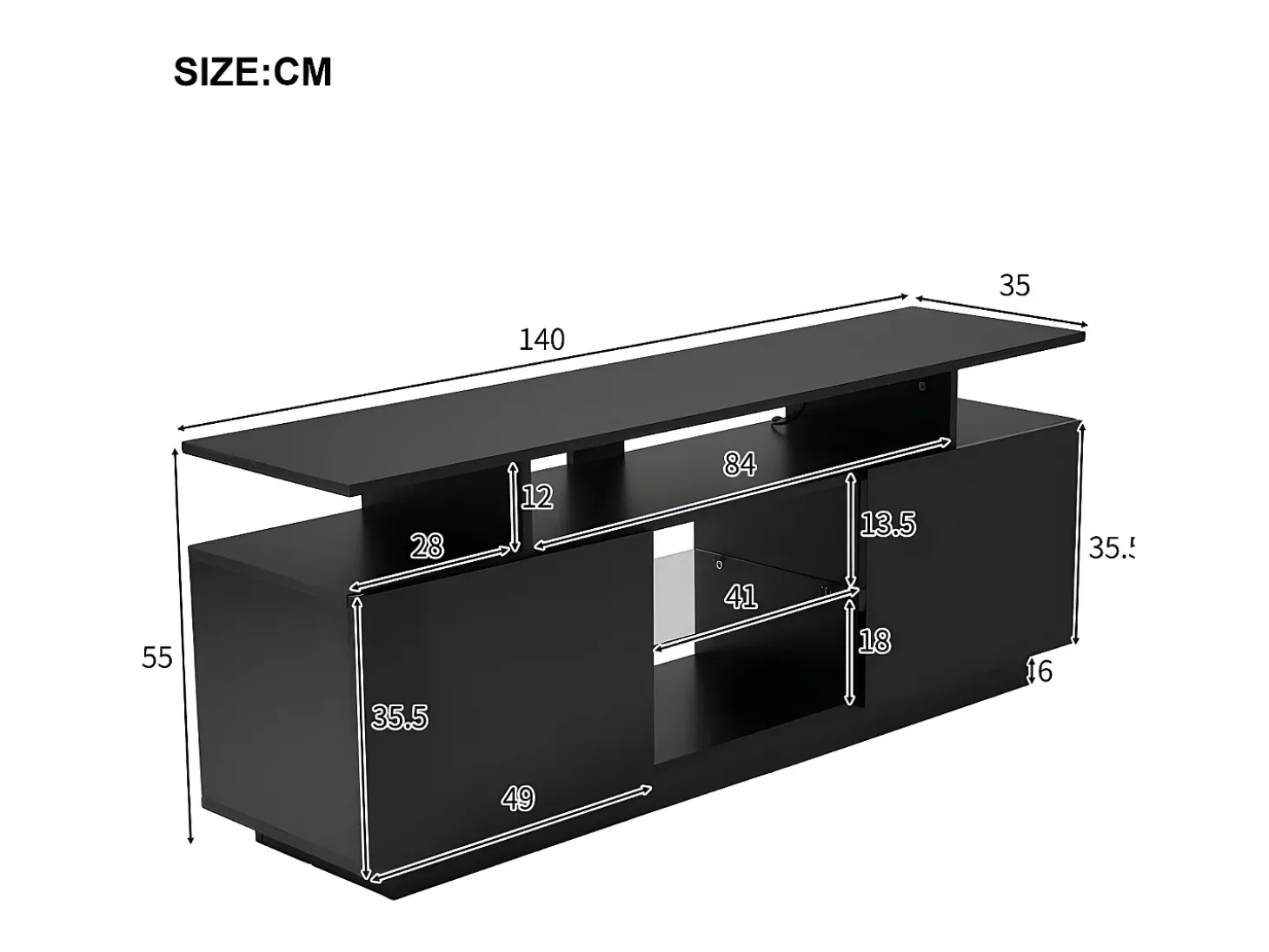 Móvel de TV de 140 cm com iluminação LED a 16 cores - com divisórias em vidro - Preto