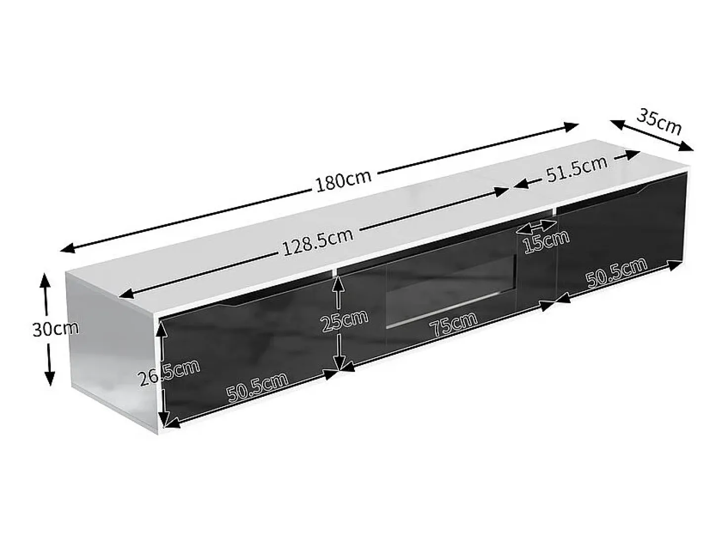 Móvel de TV de 180 cm com luz LED que muda de cor - 3 compartimentos grandes - Preto