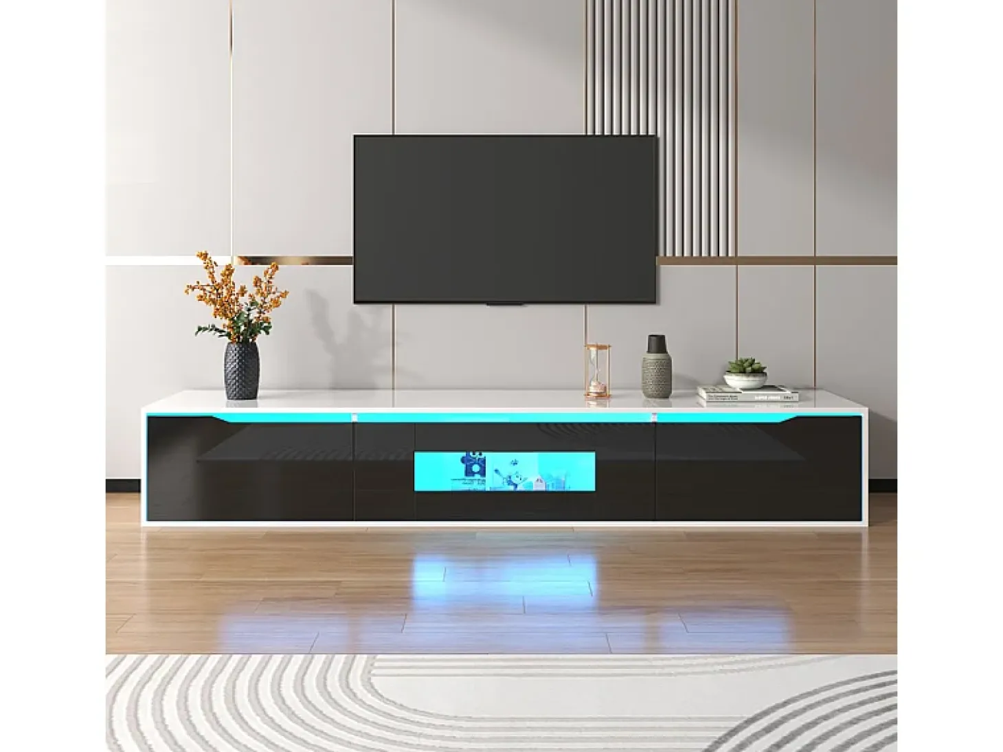 Móvel de TV de 180 cm com luz LED que muda de cor - 3 compartimentos grandes - Preto