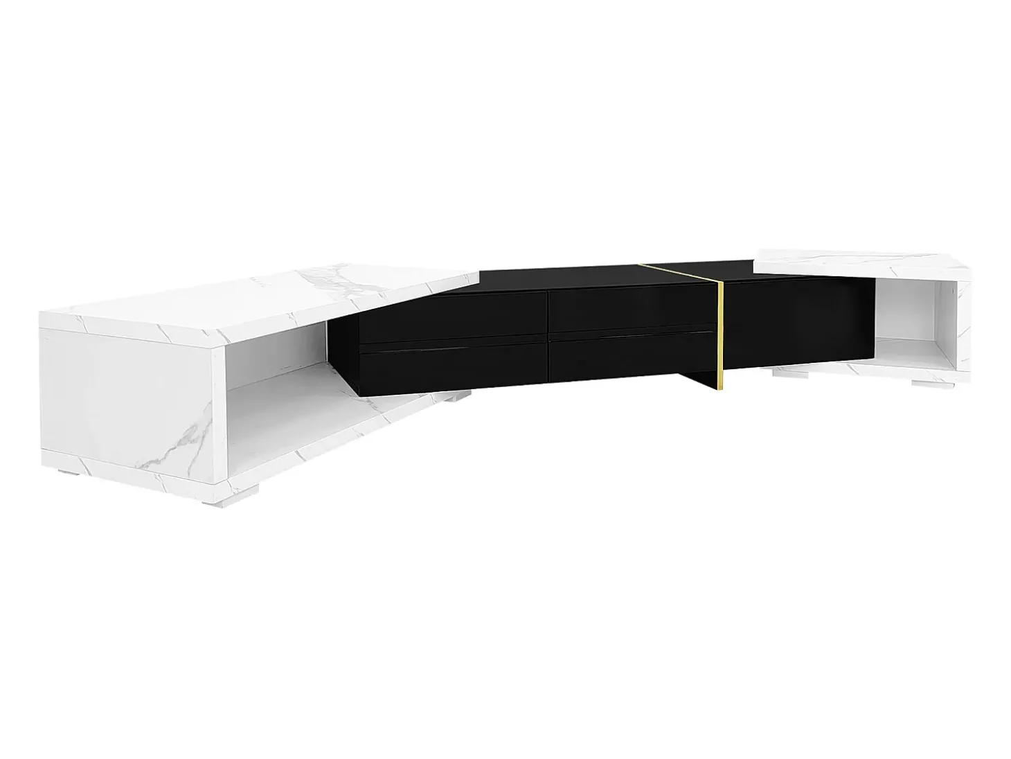 Móvel de TV de comprimento ajustável (140-260 cm) - 3 portas retráteis - aspeto de mármore branco - Preto e Branco