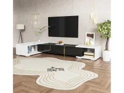 Móvel de TV de comprimento ajustável (140-260 cm) - 3 portas retráteis - aspeto de mármore branco - Preto e Branco