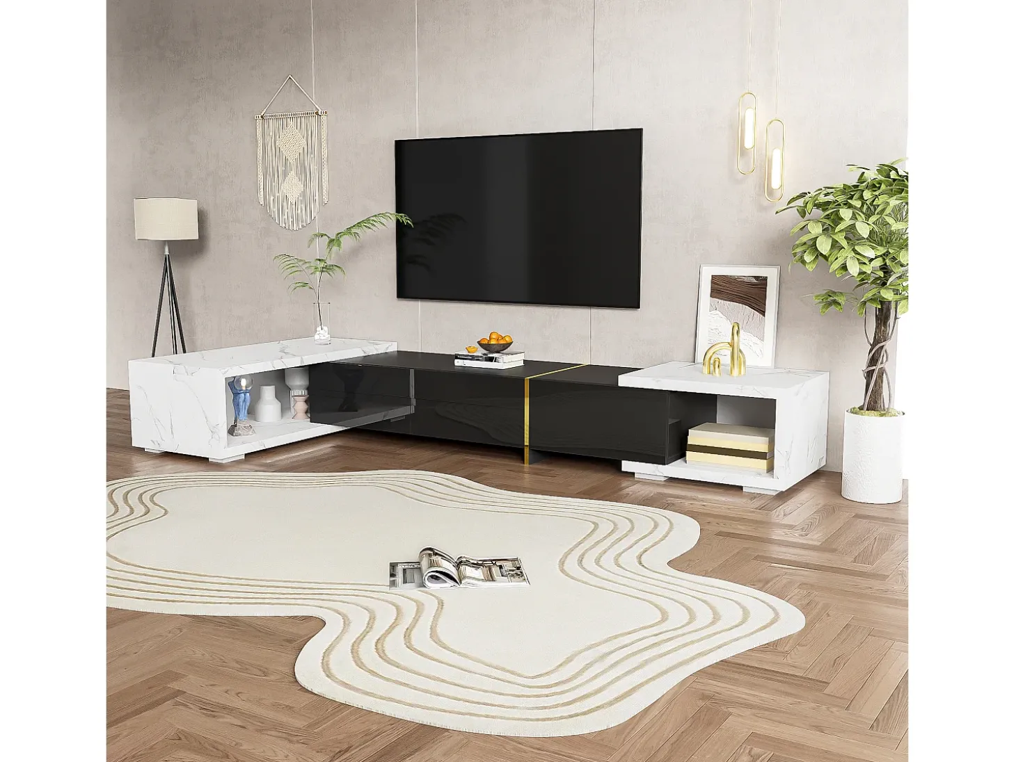 Móvel de TV de comprimento ajustável (140-260 cm) - 3 portas retráteis - aspeto de mármore branco - Preto e Branco