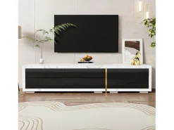Móvel de TV de comprimento ajustável (140-260 cm) - 3 portas retráteis - aspeto de mármore branco - Preto e Branco