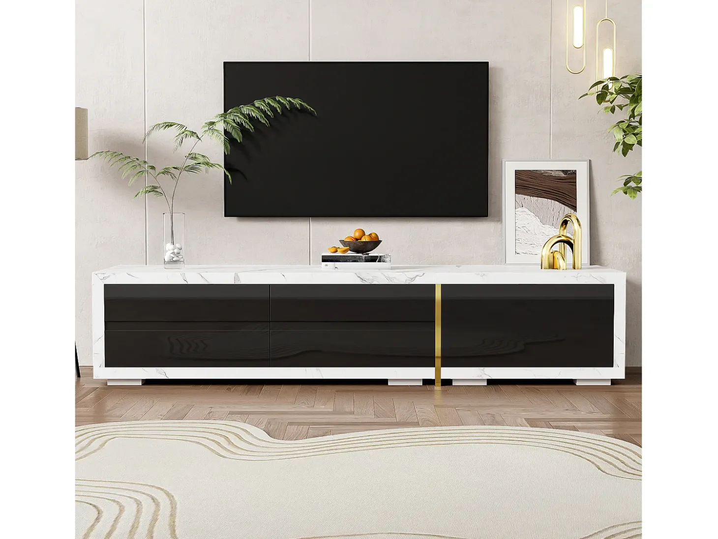 Móvel de TV de comprimento ajustável (140-260 cm) - 3 portas retráteis - aspeto de mármore branco - Preto e Branco