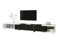 Móvel de TV de comprimento ajustável (140-260 cm) - 3 portas retráteis - aspeto de mármore branco - Preto e Branco