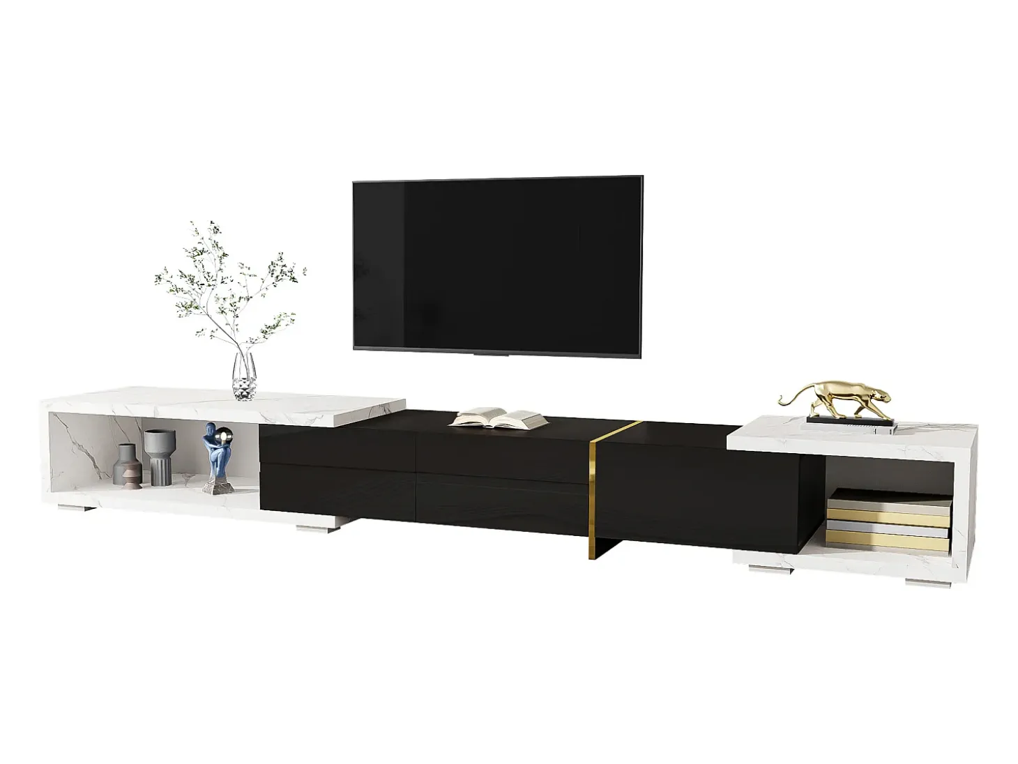 Móvel de TV de comprimento ajustável (140-260 cm) - 3 portas retráteis - aspeto de mármore branco - Preto e Branco