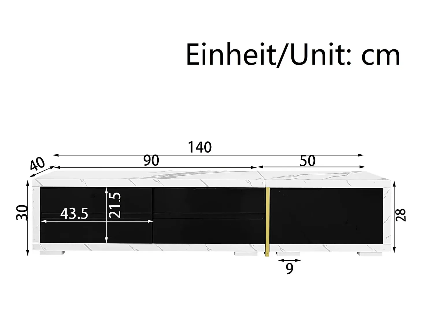 Móvel de TV de comprimento ajustável (140-260 cm) - 3 portas retráteis - aspeto de mármore branco - Preto e Branco