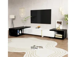 Móvel de TV de comprimento ajustável (140-260 cm) - 3 portas retráteis - aspeto de mármore preto - Branco e Preto