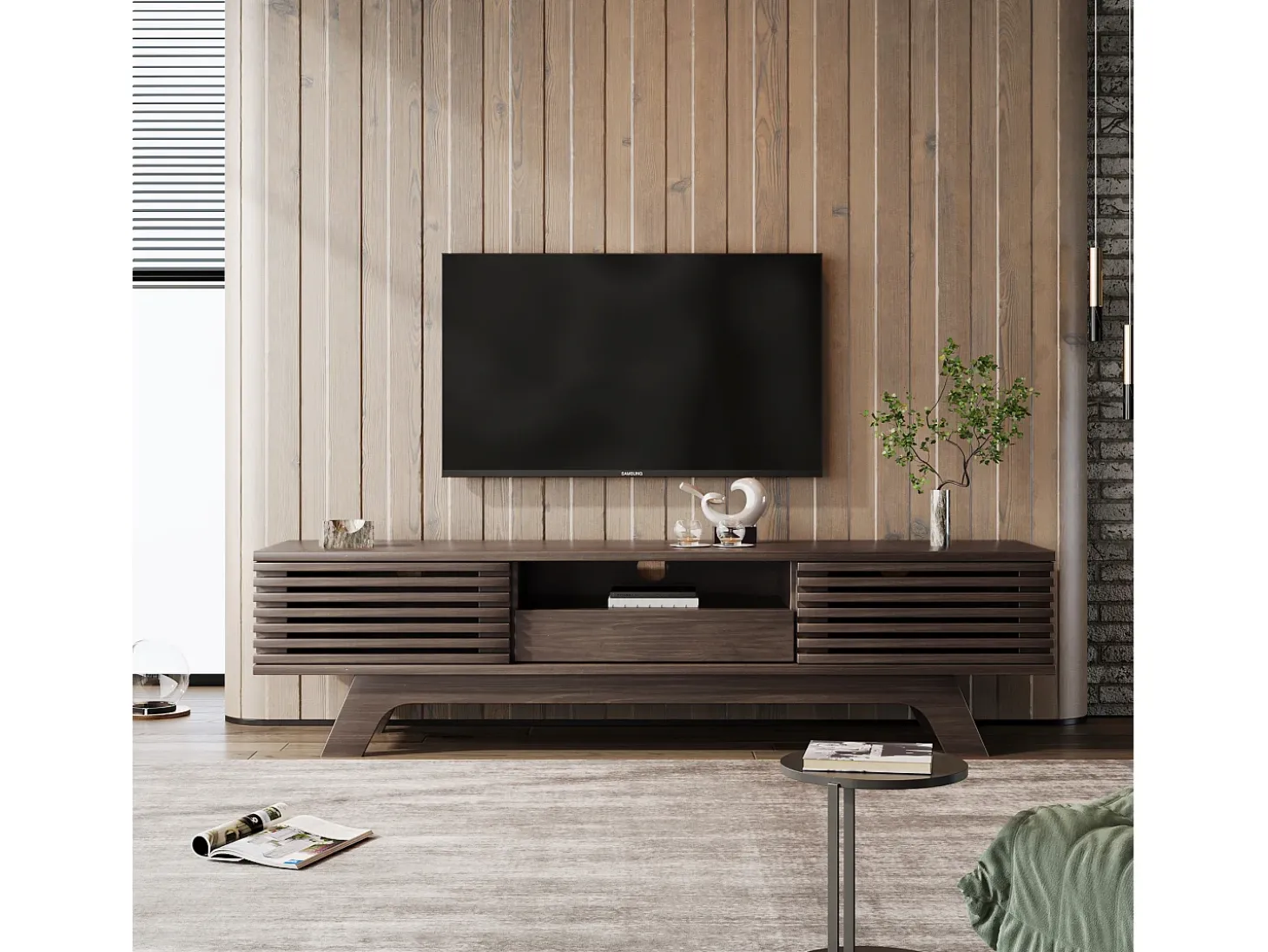 Móvel de TV de madeira, suporte de TV com uma gaveta e duas portas, aparador baixo para sala de estar, 150 x 35 x 44 cm