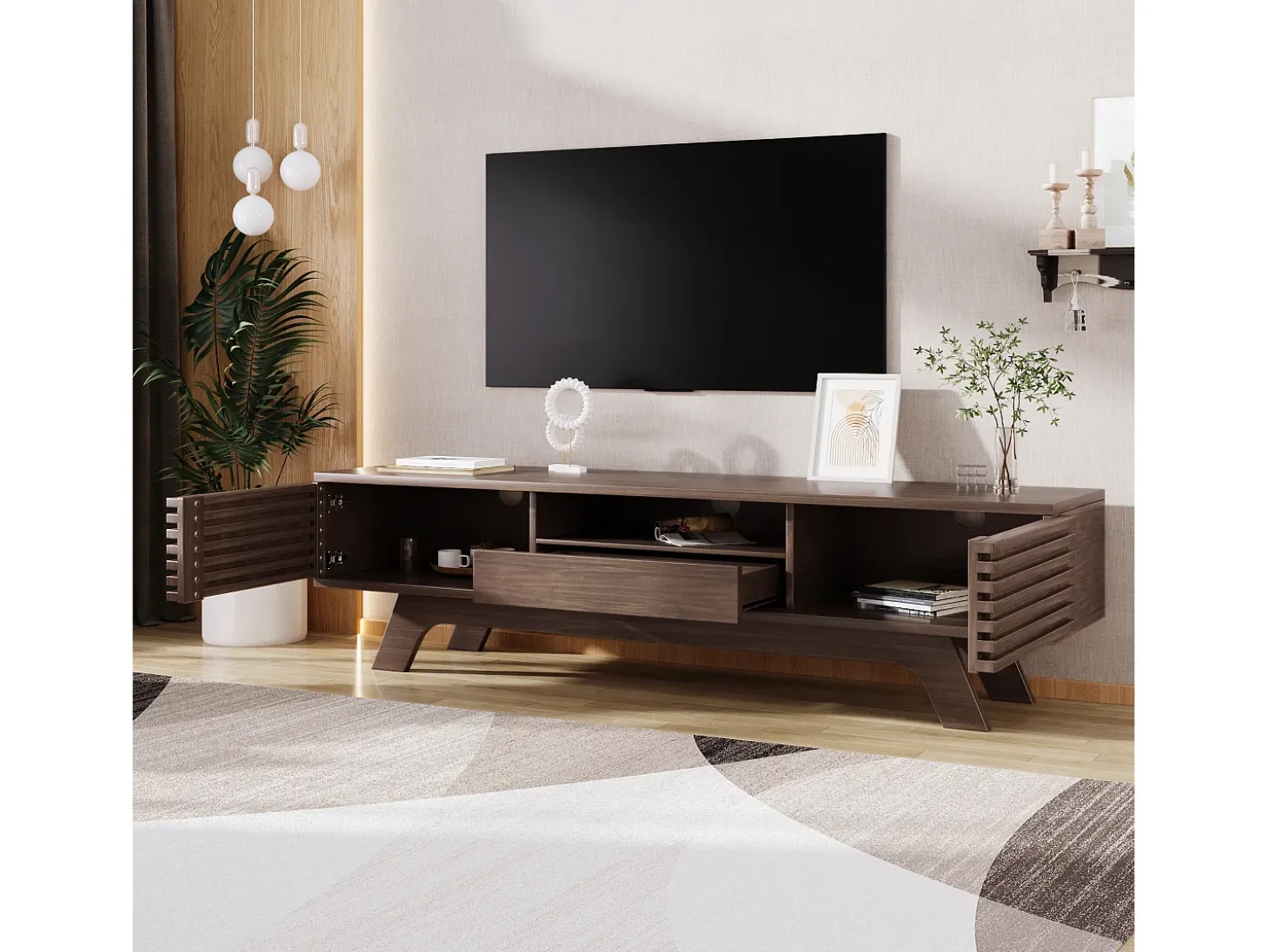 Móvel de TV de madeira, suporte de TV com uma gaveta e duas portas, aparador baixo para sala de estar, 150 x 35 x 44 cm