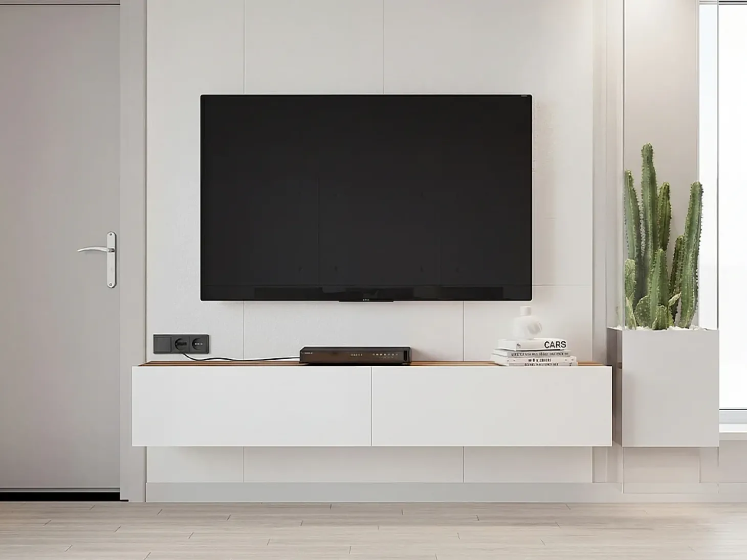 Móvel de TV de parede com 2 portas - Branco e natural - AUBEPINA